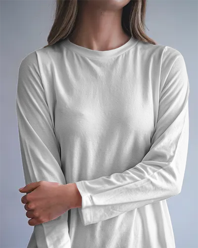 White Longsleeve Shirt Mockup Close Up Of Woman Against Neutral Background Elegant And Simple Styling 