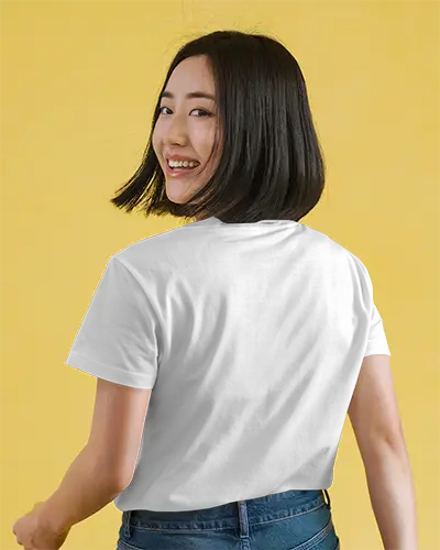 Back View Tshirt Mockup Smiling Female Model Turning Around Bright Yellow Background Fun And Playful Energy 0957