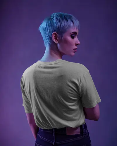 Back View Streetwear T Shirt Mockup Short Haired Female Model In Purple Studio Lighting Modern And Edgy Aesthetic