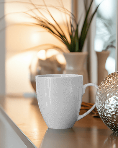 Cozy Home Caffeine Clarity Mug Mockup With Vases And Warm Lighting