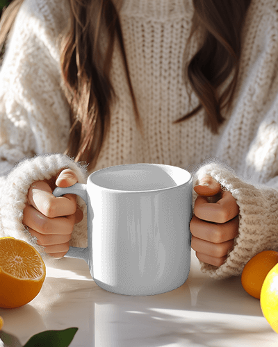 Cozy Morning Caffeine Powered Mug Mockup With Woman In Warm Sweater