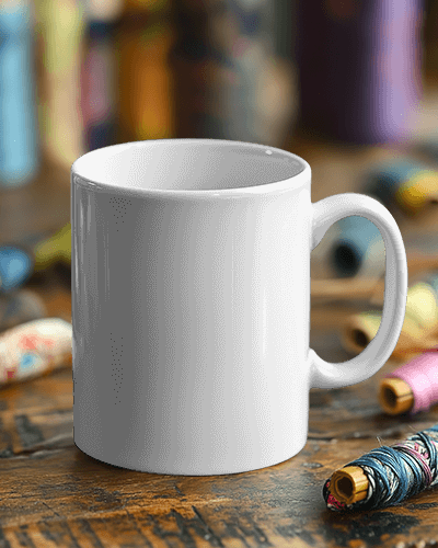 Colorful Sunicycle Pattern Mug Mockup On Wooden Table With Sewing Threads