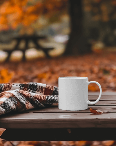 Autumn Outdoor Latte Hustle Mug Mockup With Plaid Blanket On Wooden Bench