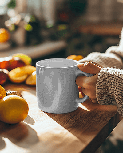 Morning Sunlight Kitchen Table Mug Mockup With Inspirational Slogan And Fresh Fruits