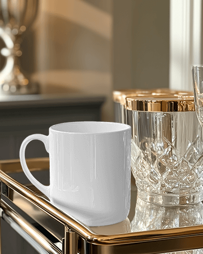 Luxurious Interior Mug Mockup Featuring Coffee Cup Art And Gold Rimmed Glassware