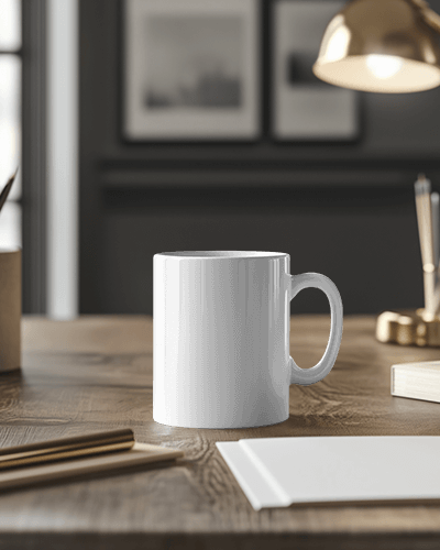 Modern Office Table Coffee Mug Mockup With Vibrant Sunburst Pattern