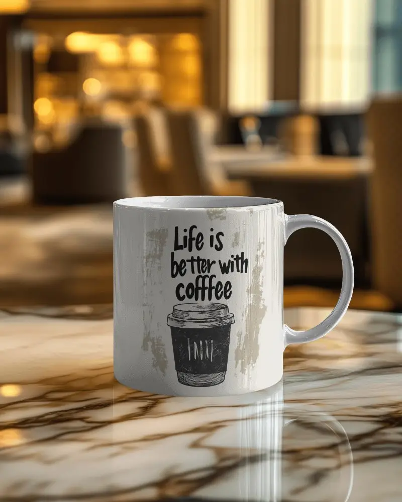 Cozy Coffee Shop Mug Mockup White Ceramic Mug On Marble Table In Warm Golden Lighting Relaxed And Inviting Atmosphere