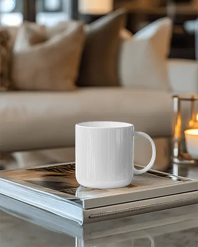 Cozy Living Room Mug Mockup White Ceramic Mug On Stacked Magazines With Warm Golden Lighting And Comfy Sofa In Background Relaxed Home Atmosphere