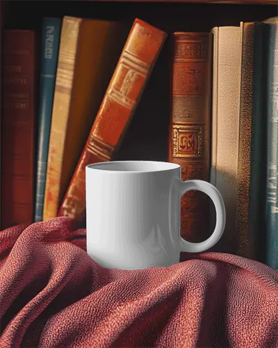 Cozy Library Mug Mockup White Ceramic Mug On Rich Red Scarf Amongst Classic Books Warm And Inviting Study Atmosphere