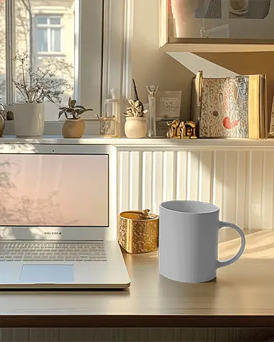 Modern Home Office Mug Mockup White Ceramic Mug On Wooden Desk Next To Laptop With Sunlit Window And Decorative Items In Background