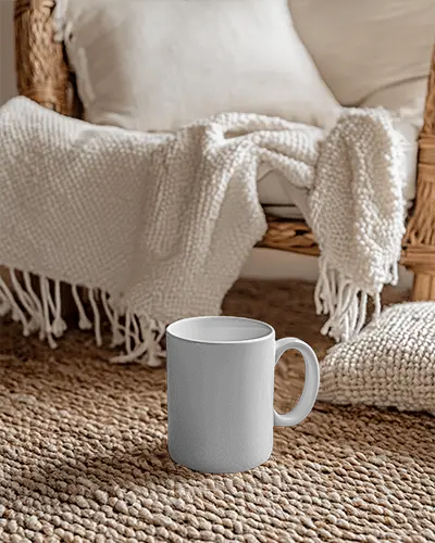 Cozy Living Room Mug Mockup White Ceramic Mug On Textured Rug Next To Wicker Chair With Comfy Blanket And Pillows In A Relaxed Home Setting