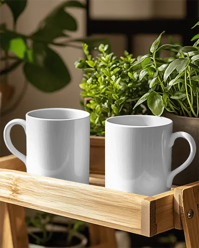 Minimalist Home Decor Mug Mockup Pristine White Mugs Highlighting Your Design Space On Natural Wood Surface Amidst Fresh Indoor Vegetation