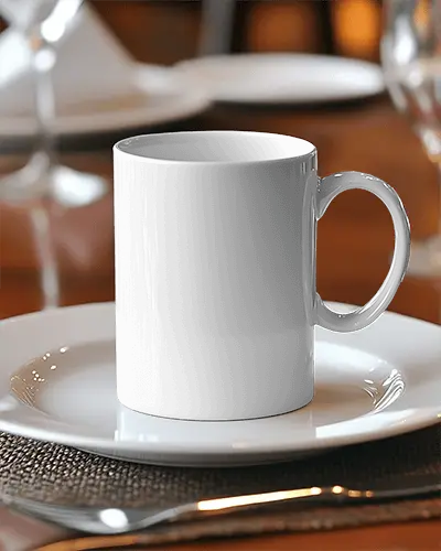 Elegant Dining Table Mug Mockup White Ceramic Mug On Polished Saucer With Refined Table Setting In A Warm And Inviting Dining Room