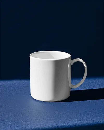 Minimalist Dark Background Mug Mockup White Ceramic Mug On Solid Deep Blue Surface Highlighting Your Design Space Clean And Stylish Aesthetic