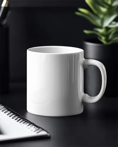 Modern Office Mug Mockup White Ceramic Mug On Black Surface With Notebook And Green Plant In Background Clean And Professional Aesthetic