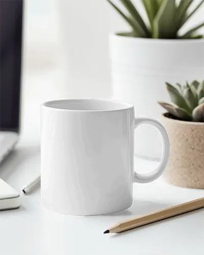 Modern Home Office Mug Mockup White Ceramic Mug On Clean Desk With Notebook And Succulent Plants In Background Functional And Aesthetic Setting
