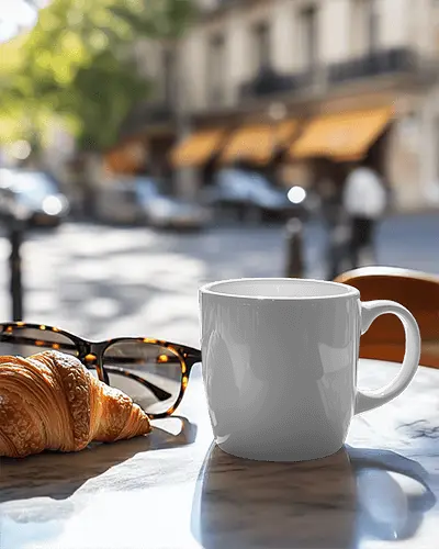Outdoor Cafe Mug Mockup White Ceramic Mug On Table With Sunlit Background And Croissant In Focus Bright And Inviting Street Side Setting