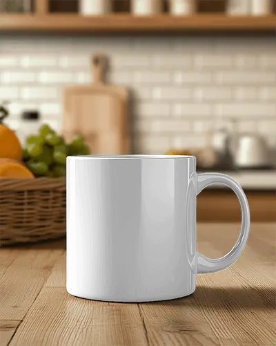 Cozy Kitchen Mug Mockup White Ceramic Mug On Rustic Wooden Counter With Fruits And Kitchen Tools In Background Warm And Functional Setting