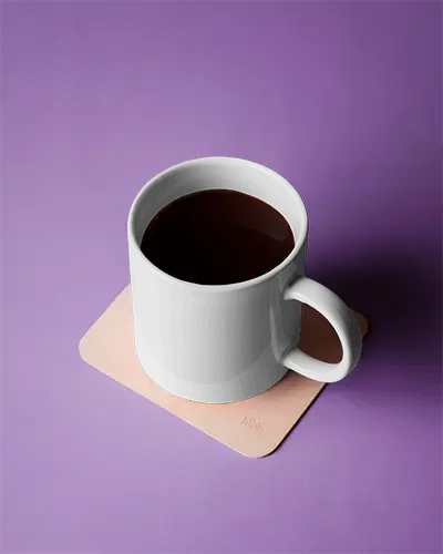 Clean Mug Mockup White Coffee Cup With Design Space On Solid Purple Background And Neutral Coaster Minimal And Versatile Aesthetic