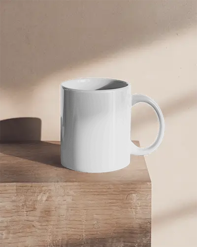 Rustic Mug Mockup White Coffee Cup With Design Space On Wooden Surface And Warm Natural Lighting Cozy And Wholesome Ambience