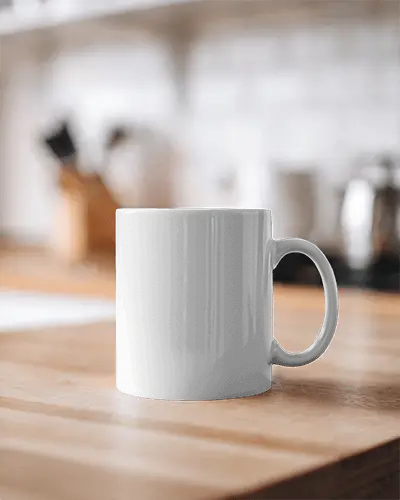 Cozy Kitchen Mug Mockup White Coffee Cup With Design Space On Wooden Countertop And Blurred Background Homey And Inviting Atmosphere