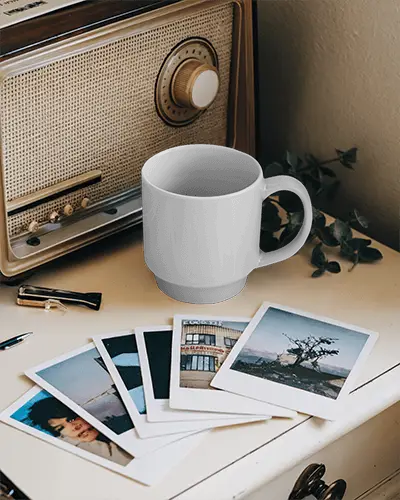 Vintage Retro Mug Mockup Gray Coffee Cup On Drawer With Vintage Radio And Polaroid Photos Accented By Greenery Nostalgic And Chic Aesthetic