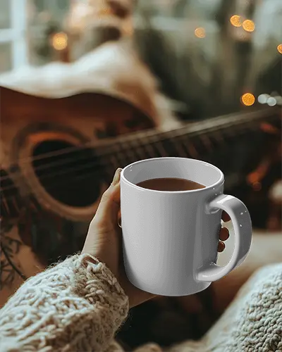 Cozy Mug Mockup White Coffee Cup With Design Space Held By Hand Accented By Guitar And Warm Lighting Relaxing And Comfortable Ambience