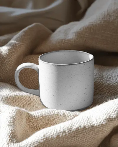 Soft Texture Mug Mockup White Coffee Cup With Design Space On Creamy Fabric Background Comfy And Warm Aesthetic