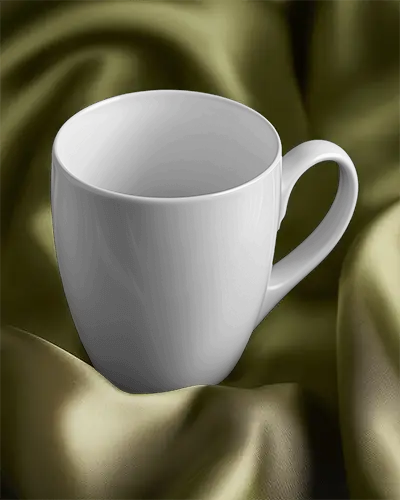 Elegant Mug Mockup White Coffee Cup With Design Space On Golden Silk Background Luxurious And Refined Aesthetic