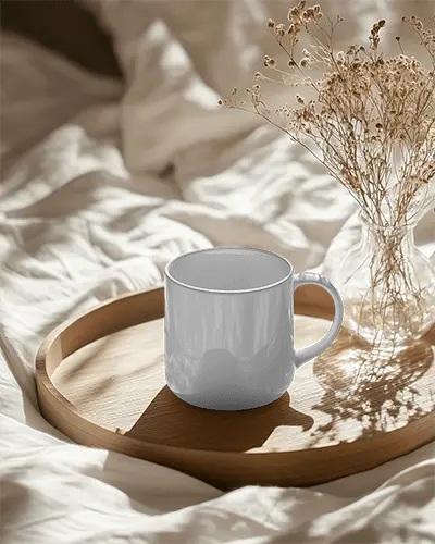 Serene Mug Mockupe Coffee Cup With Design Space On Wooden Tray Accented By Dried Flower Vase And Soft Lighting Relaxing And Bohemian Atmosphere