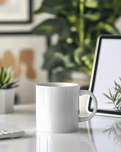 Creative Studio Mug Mockup Modern Mug Displayed In Front Of Artistic Backdrop With Potted Plants And Design Tools Inspirational And Relaxing Environment