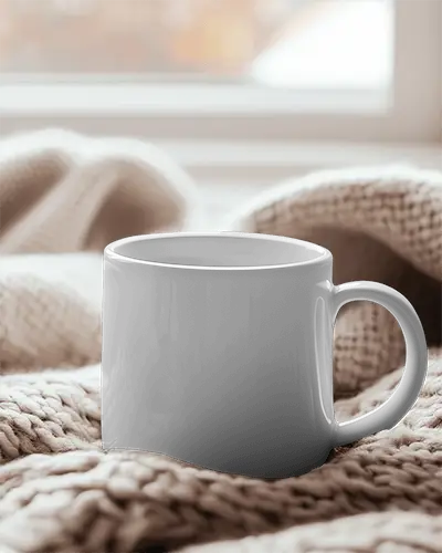 Morning Routine Mug Mockup White Ceramic Mug Positioned On Comfy Blanket With Gentle Sunlight Streaming Through Window Peaceful Start To The Day