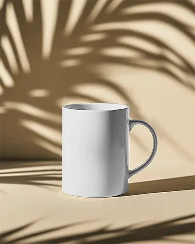 Minimalist Tropical Mug Mockup Simple Mug Highlighted On Smooth Surface With Dramatic Palm Shadow Subtle Yet Stylish Aesthetic