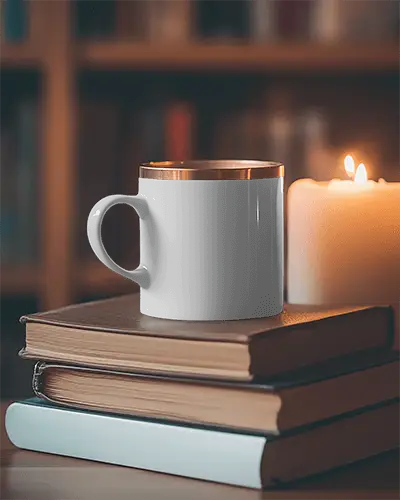 Warm Study Mug Mockup Mug Highlighted On Books With Dramatic Candle Shadow Subtle Yet Inviting Scholarly Setting