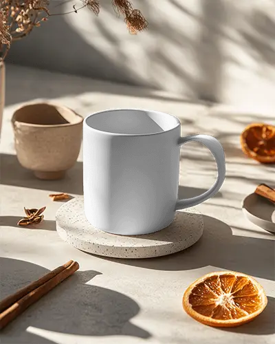 Cozy Brew Mug Mockup Minimalist Mug Highlighted On Neutral Backdrop With Dried Fruits And Spices Promoting Homey And Nourishing Feel