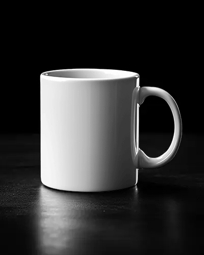Sleek Modern Mug Mockup White Coffee Cup Against Dramatic Black Backdrop For Elegant Visual Promotion