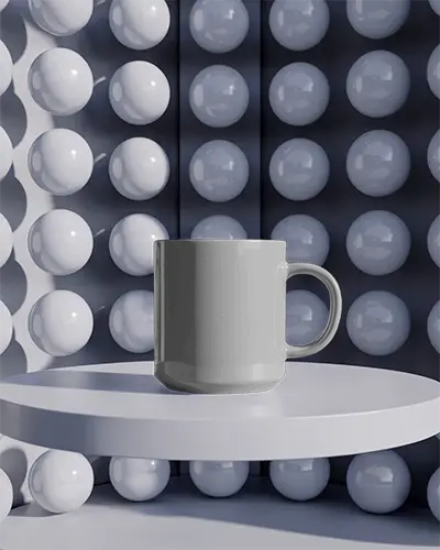 Futuristic Podium Coffee Mug Mockup With Glossy White Spheres And Spotlight Reflection 0207