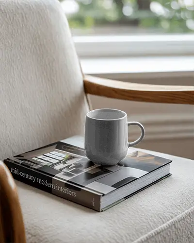ceramic-coffee-mug-placed-on-decorative-interior-design-book-on-cozy-fabric-chair