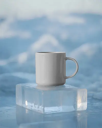 Ceramic Mug Mockup With Handle On Transparent Ice Block For Coffee Or Tea Presentation