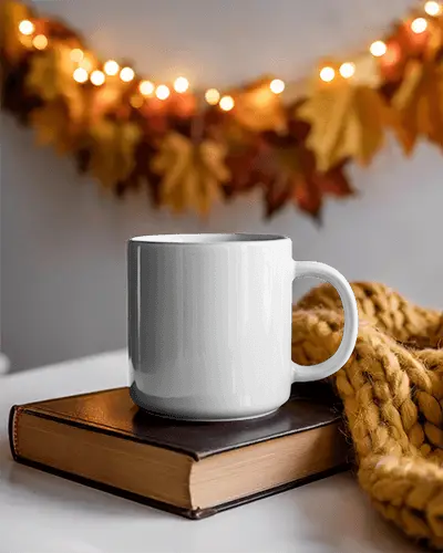 Cozy Fall Morning Mug Mockup With Book And Knit Sweater On Tabletop
