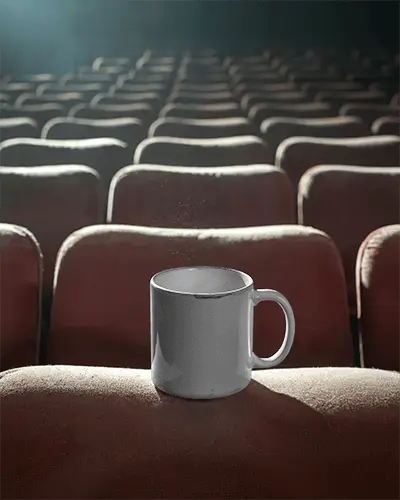 Ceramic Coffee Mug Mockup With Handle On Cinema Seat Background For Brand Promotion