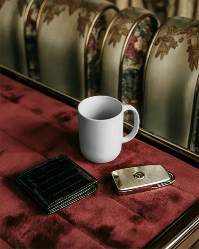 Premium Ceramic Mug Mockup With Wallet And Car Key On Velvet Surface For Branding Design