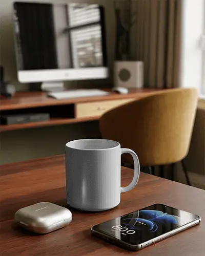 Modern Workspace Coffee Mug Mockup On Wooden Desk With Phone And Wireless Earbuds
