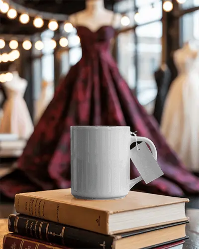 ceramic-mug-with-hanging-tag-on-stacked-books-in-vintage-luxury-boutique-setting