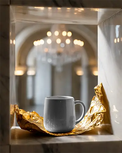 premium-plain-mug-mockup-displayed-on-golden-sheet-inside-classic-marble-niche-at-daylight