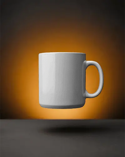 minimalistic-ceramic-coffee-mug-mockup-floating-on-dark-surface-with-glowing-orange-background