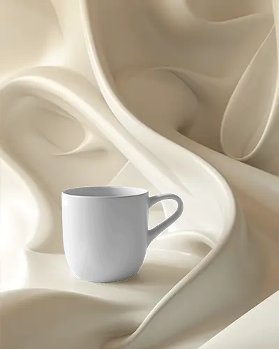 Ceramic Mug Mockup With Elegant Handle Design On Smooth Soft Fabric Background Display