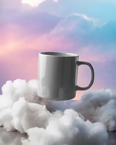 Realistic Mug Mockup With Handle Suspended In Cloudy Sky Ideal For Branding Presentations