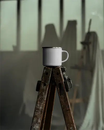 Artisan Craft Mug Mockup Displayed On Weathered Ladder With Soft Light