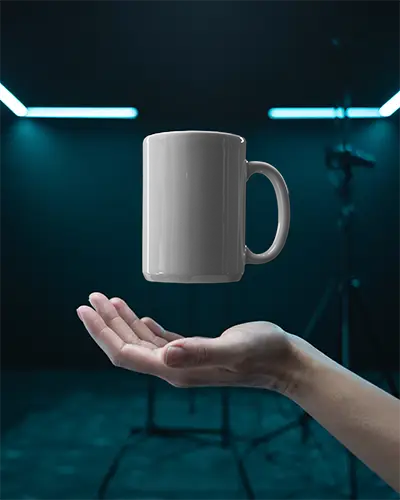 Floating Mug Mockup With Hand Showcasing Customizable Drinkware Display Vertical